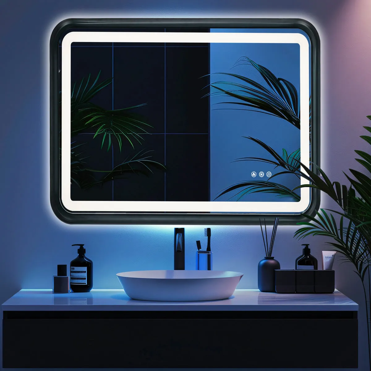 Black Belved Framed Bathroom Mirror With Lights, Led Mirror For Dual Front & Back Lights, Defogging & Memory
