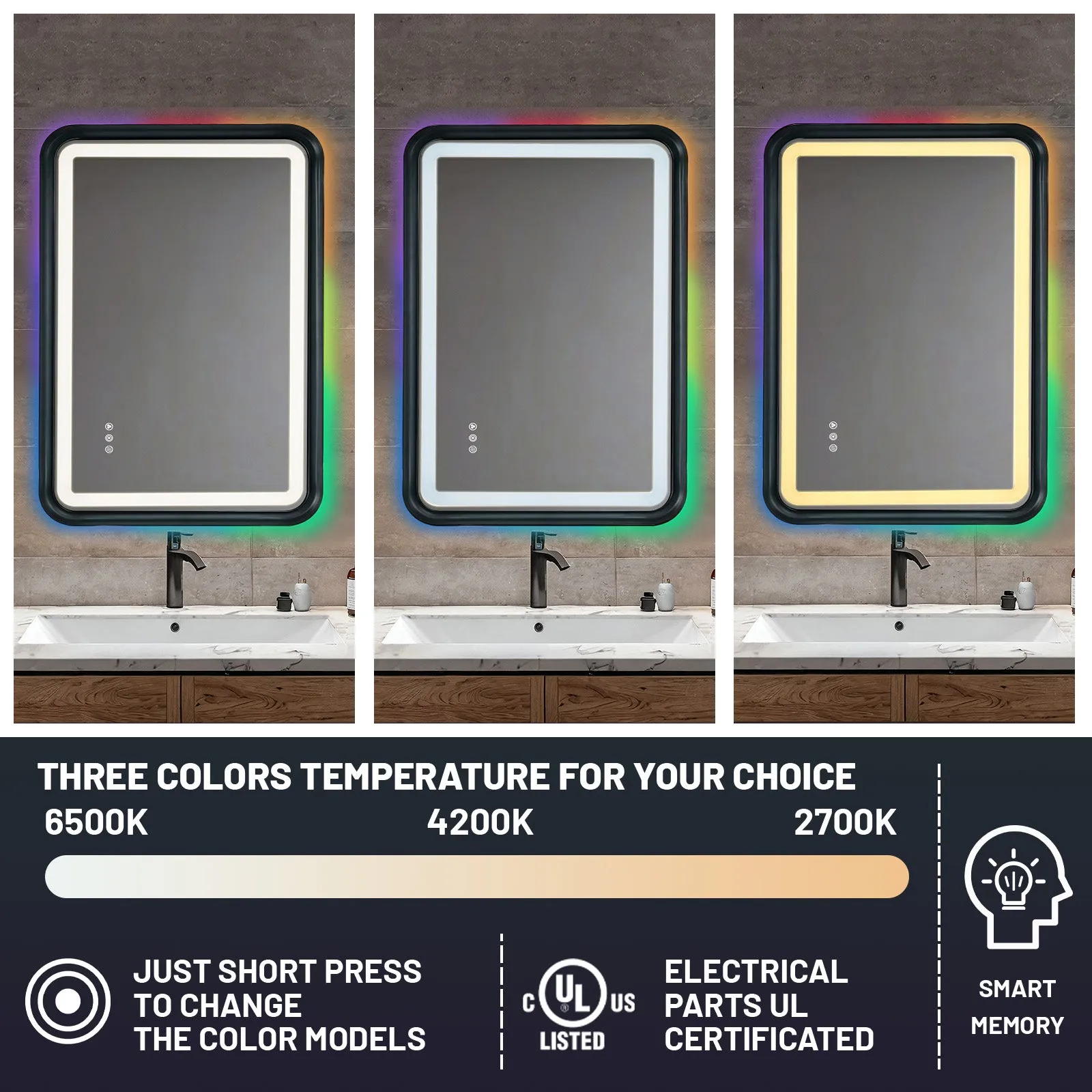 Black Belved Framed Bathroom Mirror With Lights, Led Mirror For Dual Front & Back Lights, Defogging & Memory