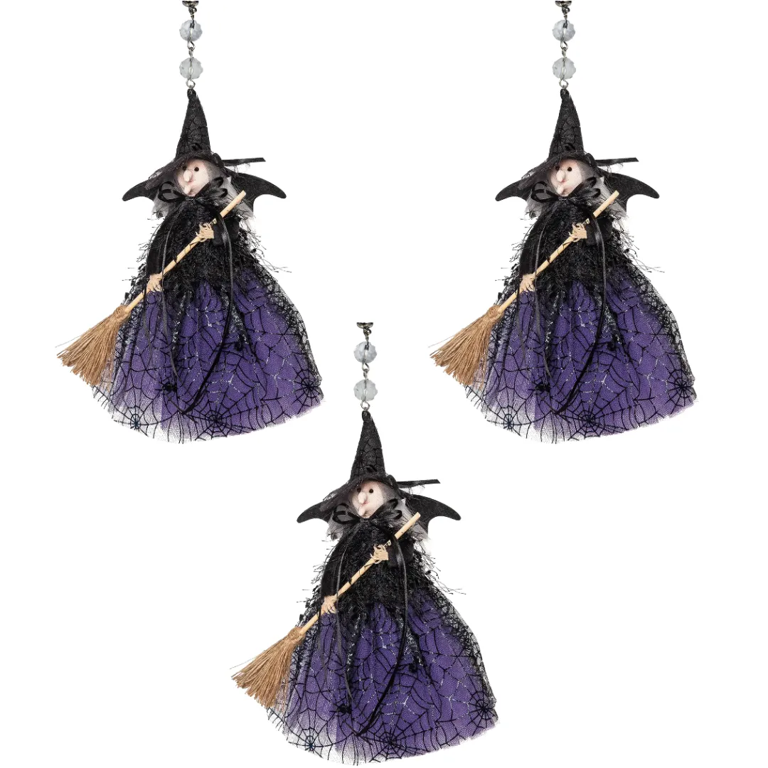 BLACK   PURPLE WITCH (Set/1) OR (Set/3) MAGNETIC HALLOWEEN CHANDELIER ORNAMENT