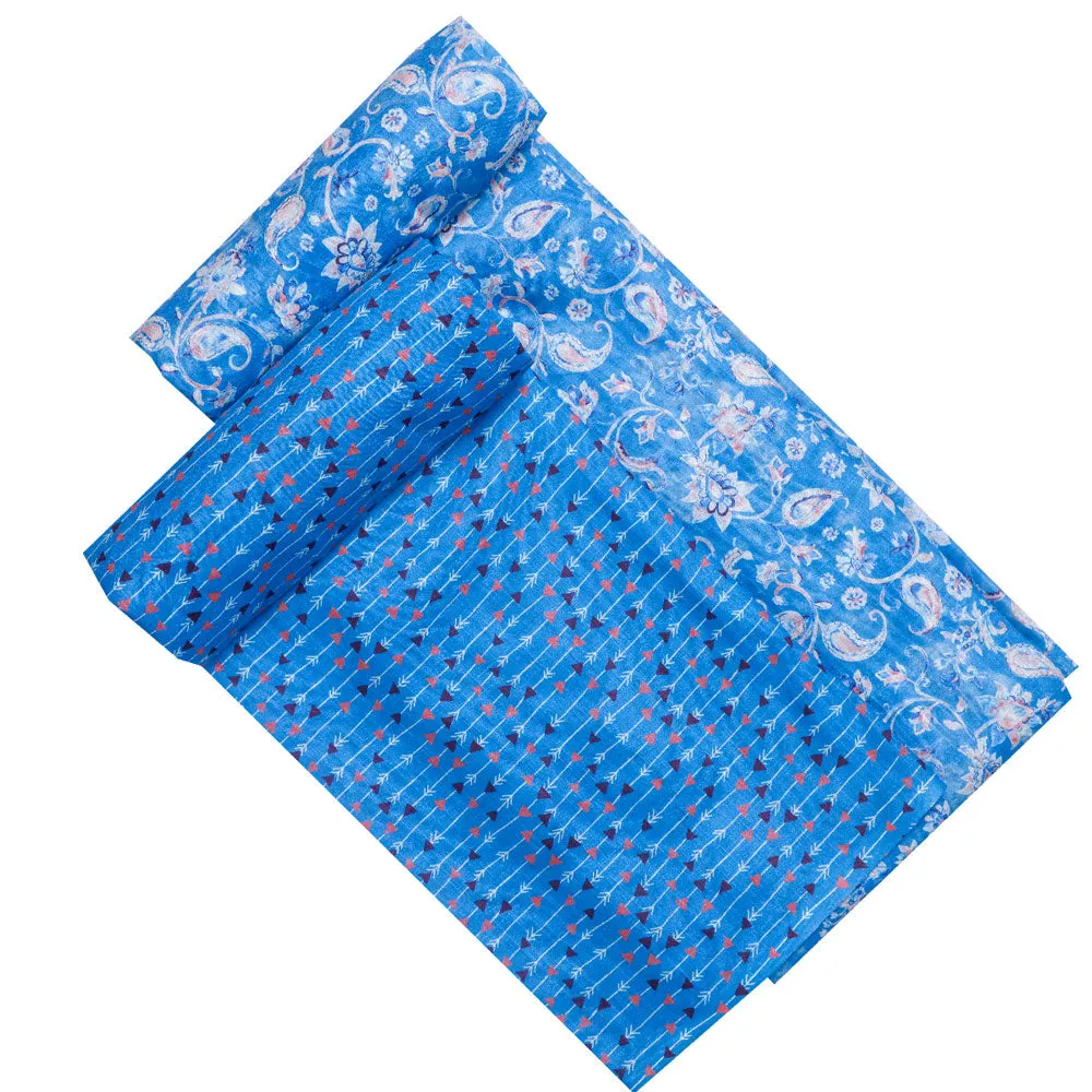 Blue Linen Printed Unstitched Fabric Set (5 Meter Set)