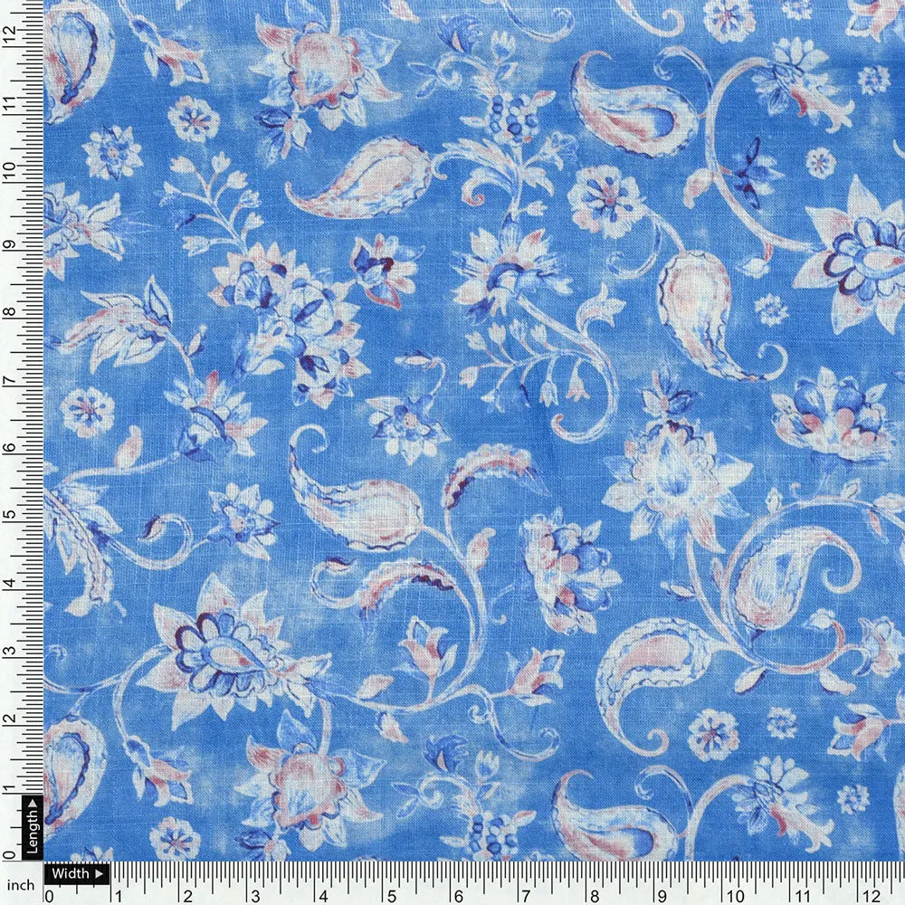 Blue Linen Printed Unstitched Fabric Set (5 Meter Set)