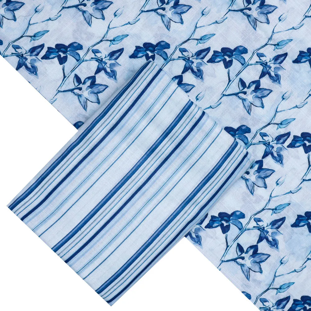 Blue Linen Printed Unstitched Fabric Set (5 Meter Set)