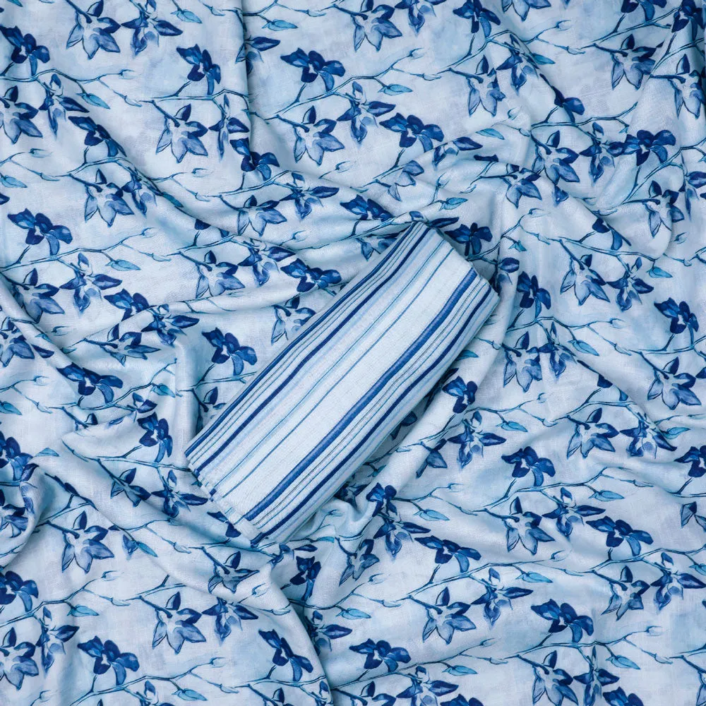 Blue Linen Printed Unstitched Fabric Set (5 Meter Set)