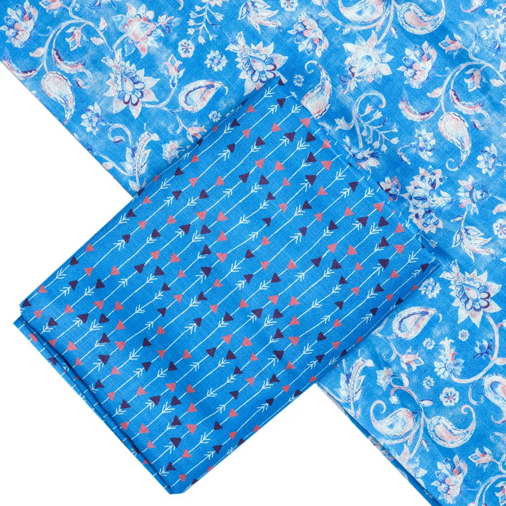 Blue Linen Printed Unstitched Fabric Set (5 Meter Set)