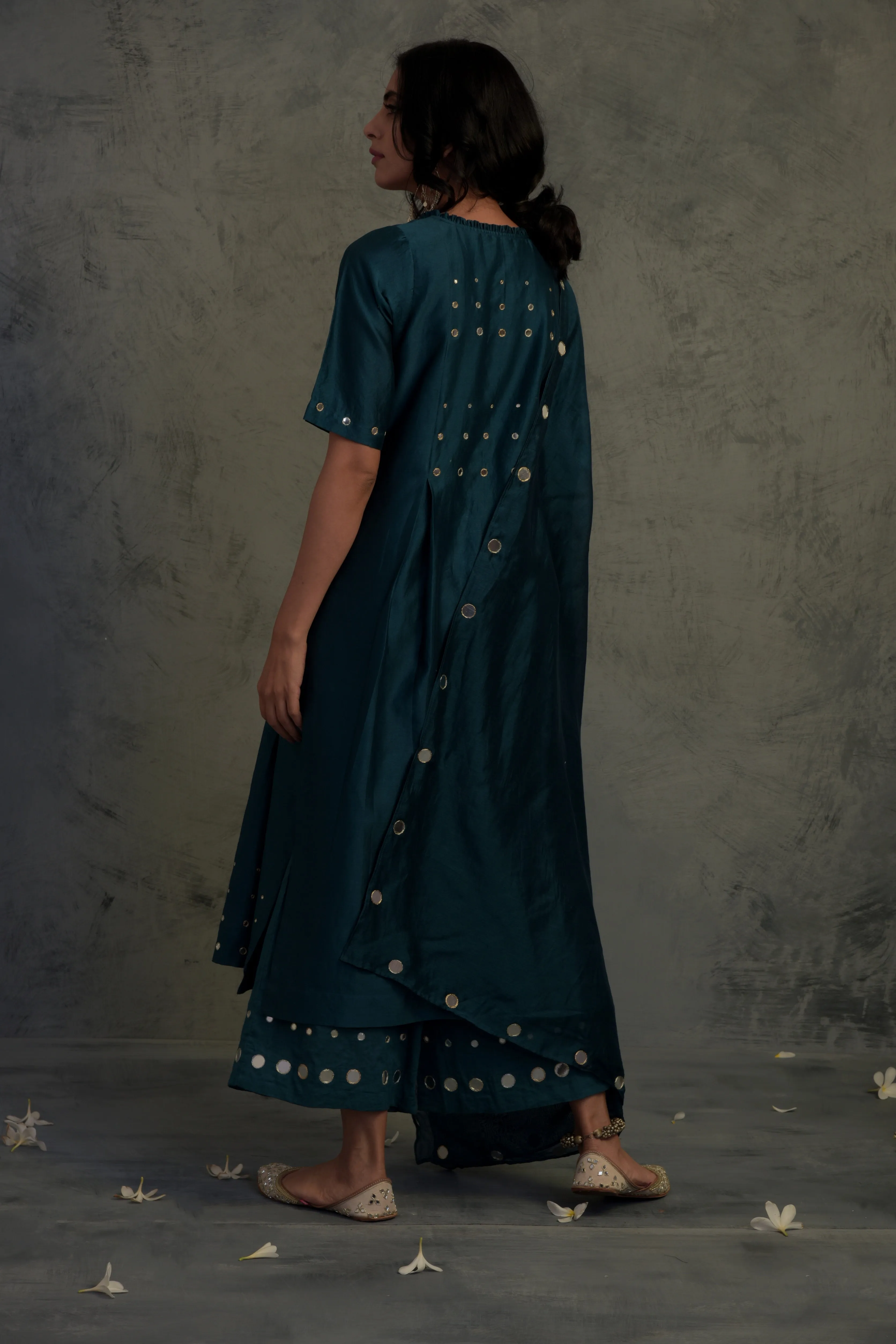 Chanderi Teal Blue Mirror Tasseled Kurta Set