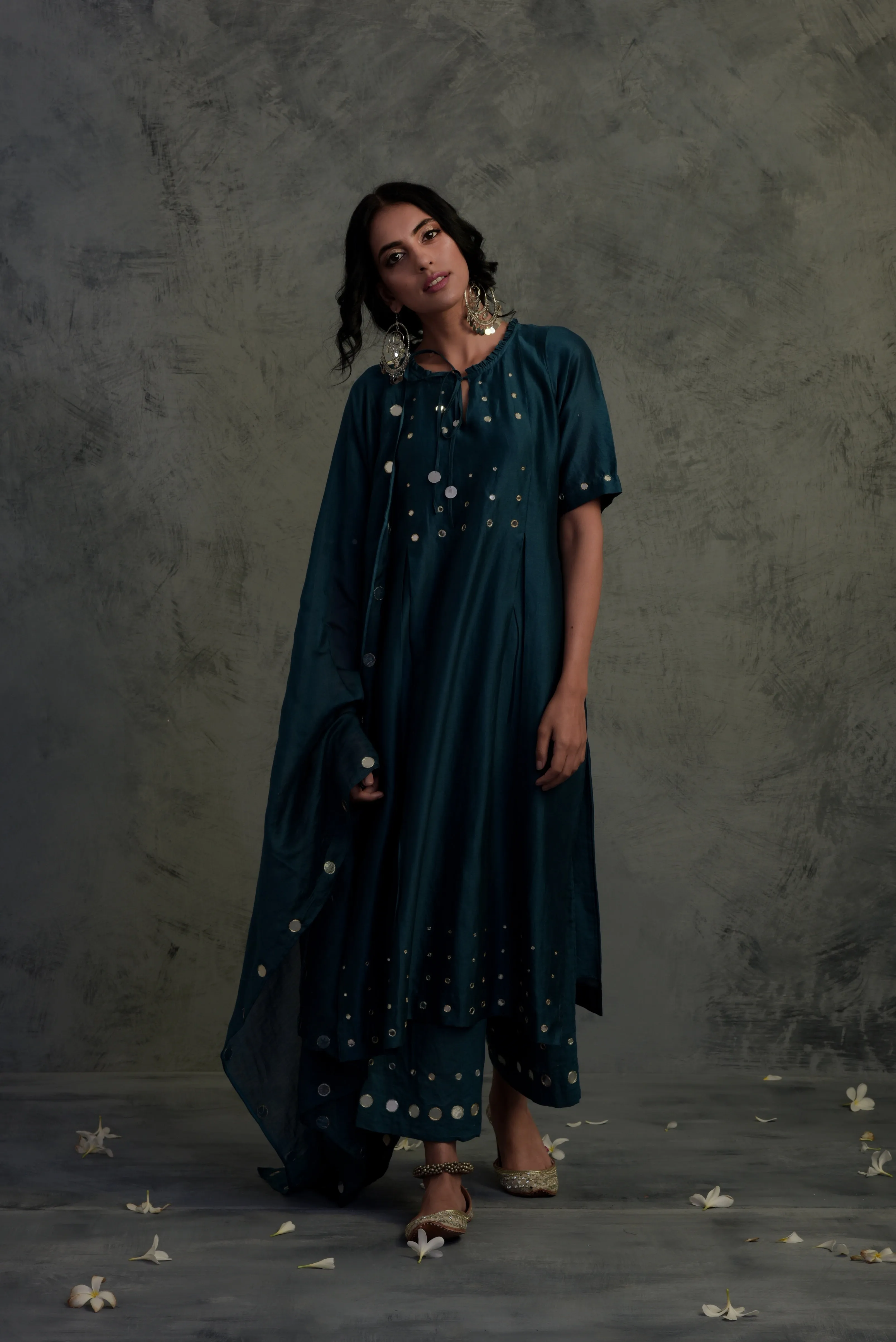 Chanderi Teal Blue Mirror Tasseled Kurta Set