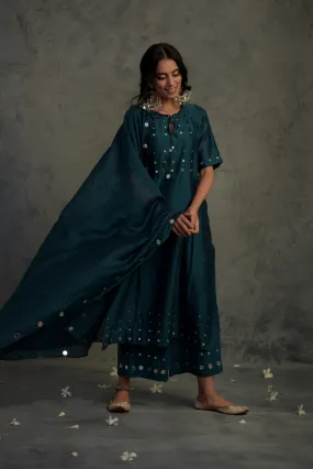 Chanderi Teal Blue Mirror Tasseled Kurta Set