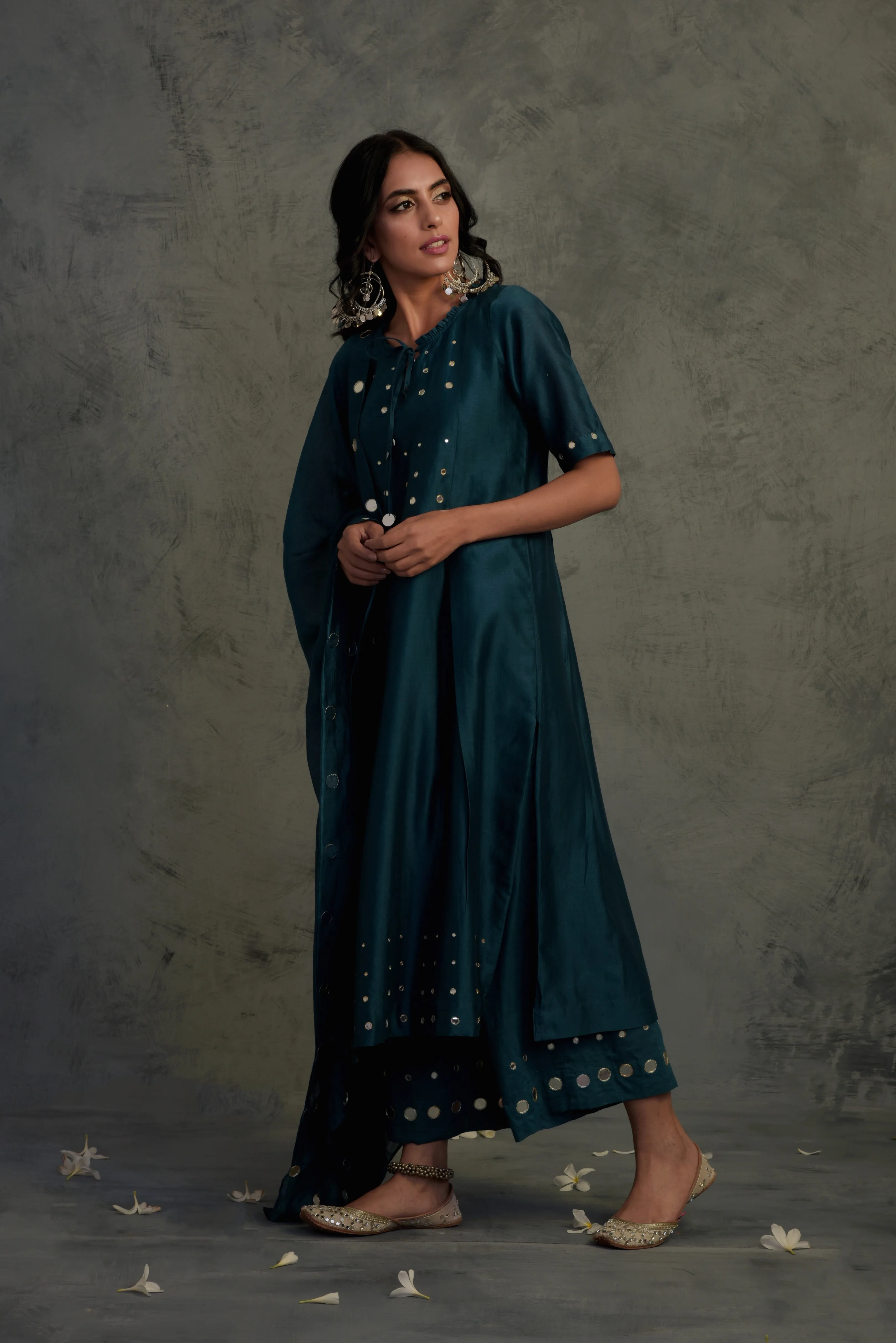 Chanderi Teal Blue Mirror Tasseled Kurta Set