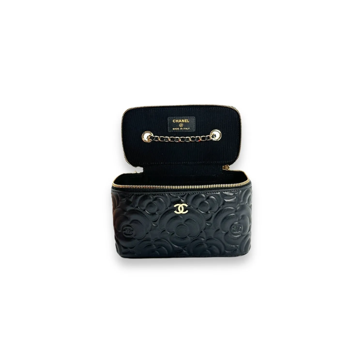 Chanel 2021 Black Camellia Vanity Case w/ Chain
