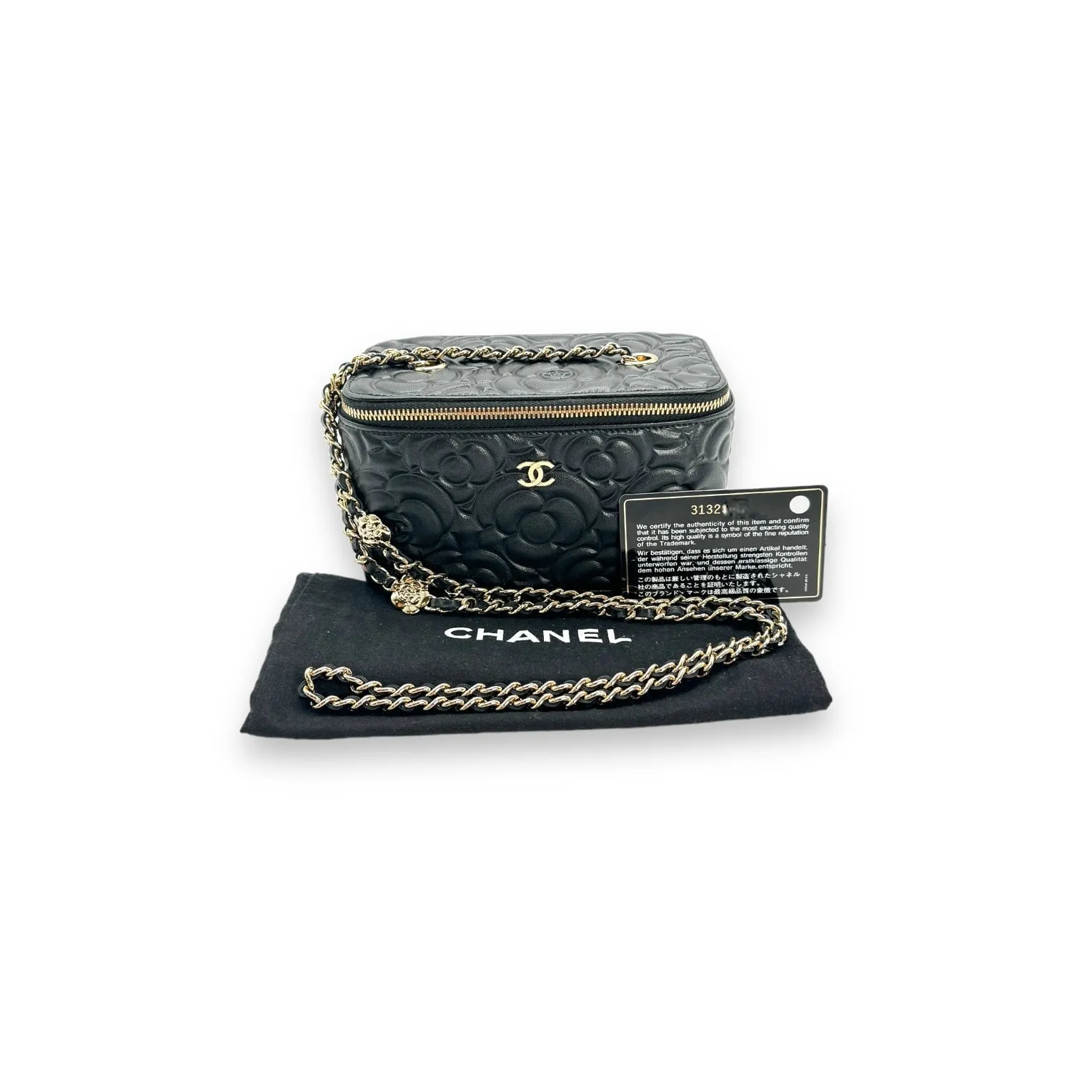Chanel 2021 Black Camellia Vanity Case w/ Chain