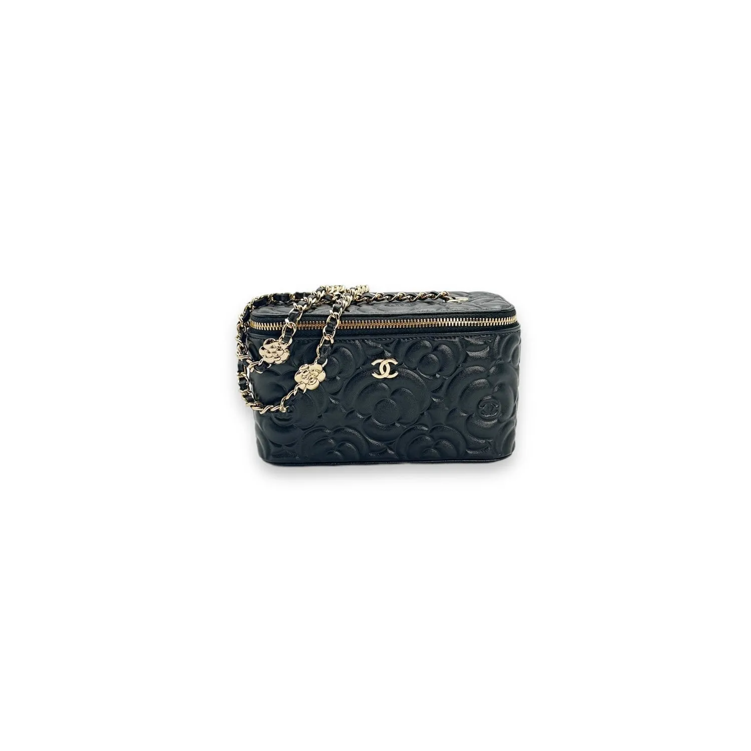 Chanel 2021 Black Camellia Vanity Case w/ Chain