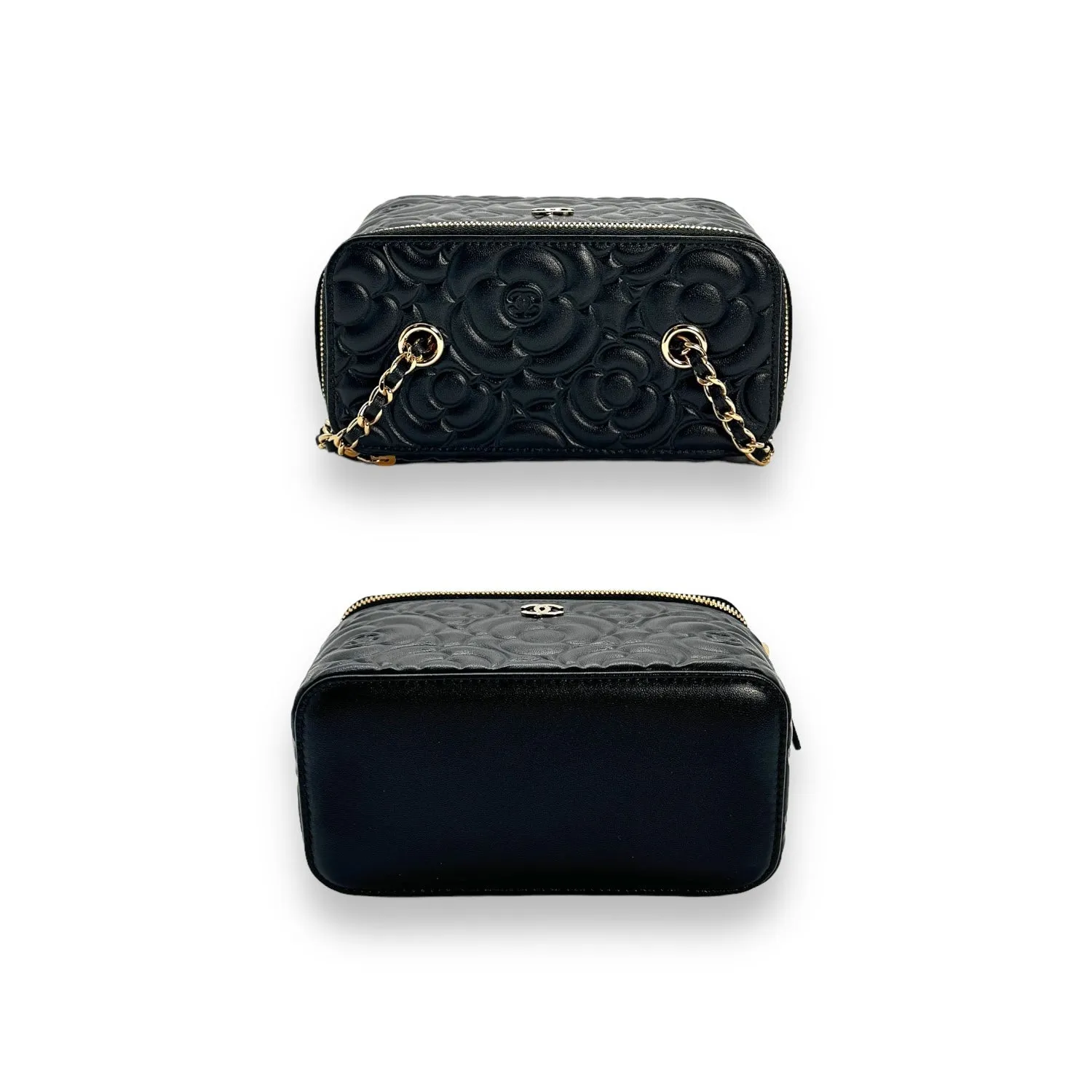 Chanel 2021 Black Camellia Vanity Case w/ Chain