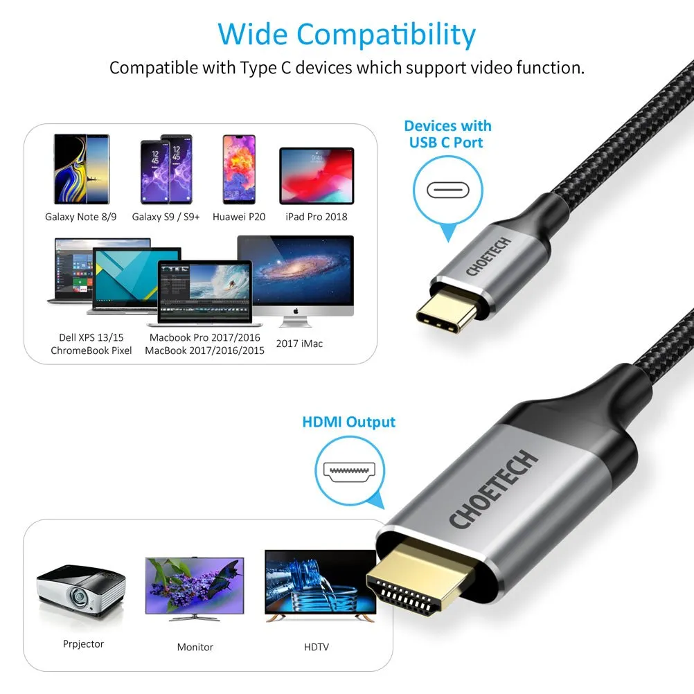 Choetech Type C to HDMI Cable 1.8M - Black CH0019