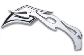 CHROME MOTORCYCLE MIRROR, SCIMITAR HEAD WITH FLAME STEM, LEFT & RIGHT
