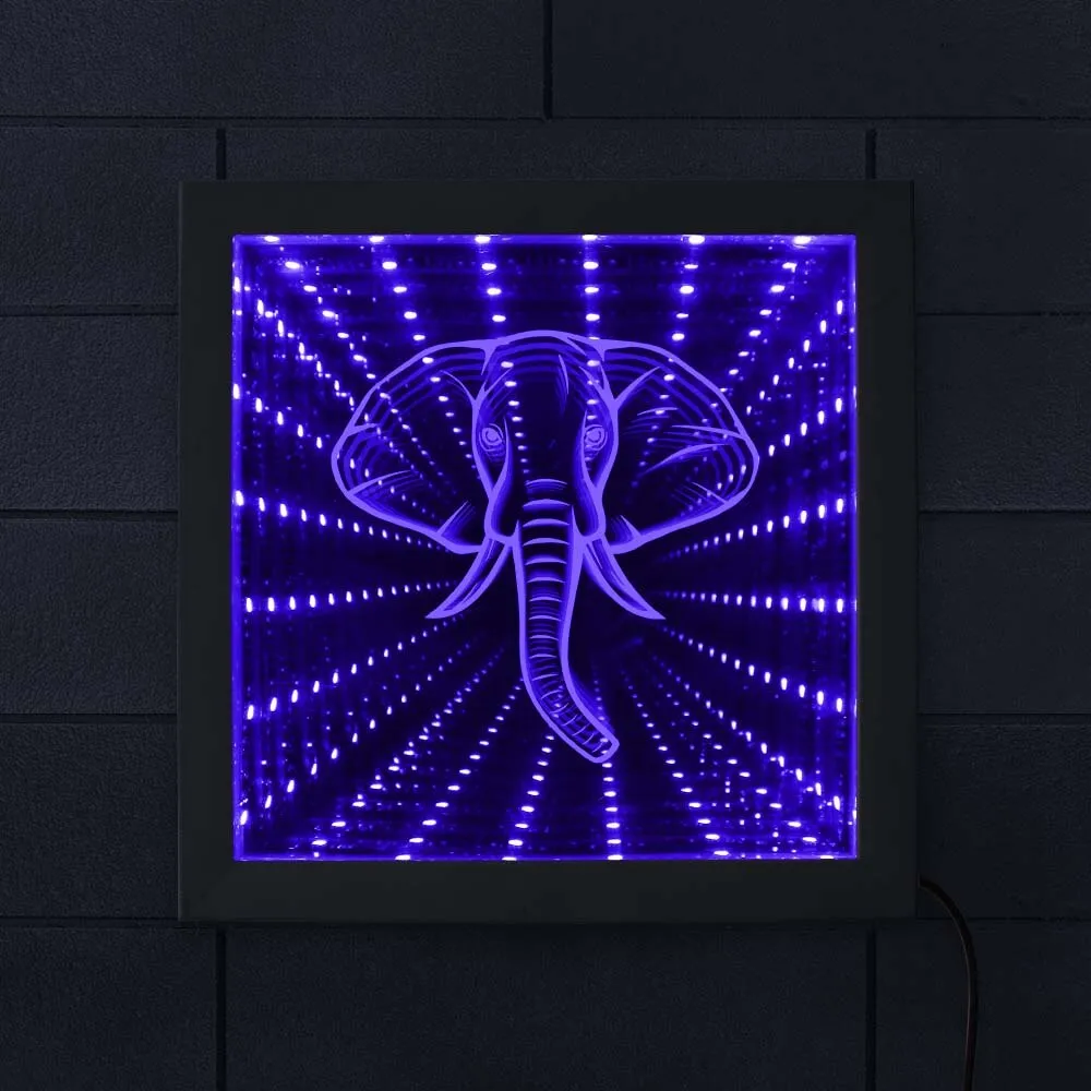 Elephant Lighting Wall Art LED Infinity Mirror Wood Frame Wildlife Animal Safari Wall Decor Vortex Tunnel Interstellar Mirror