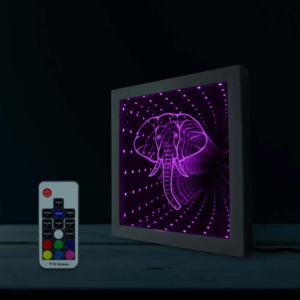 Elephant Lighting Wall Art LED Infinity Mirror Wood Frame Wildlife Animal Safari Wall Decor Vortex Tunnel Interstellar Mirror
