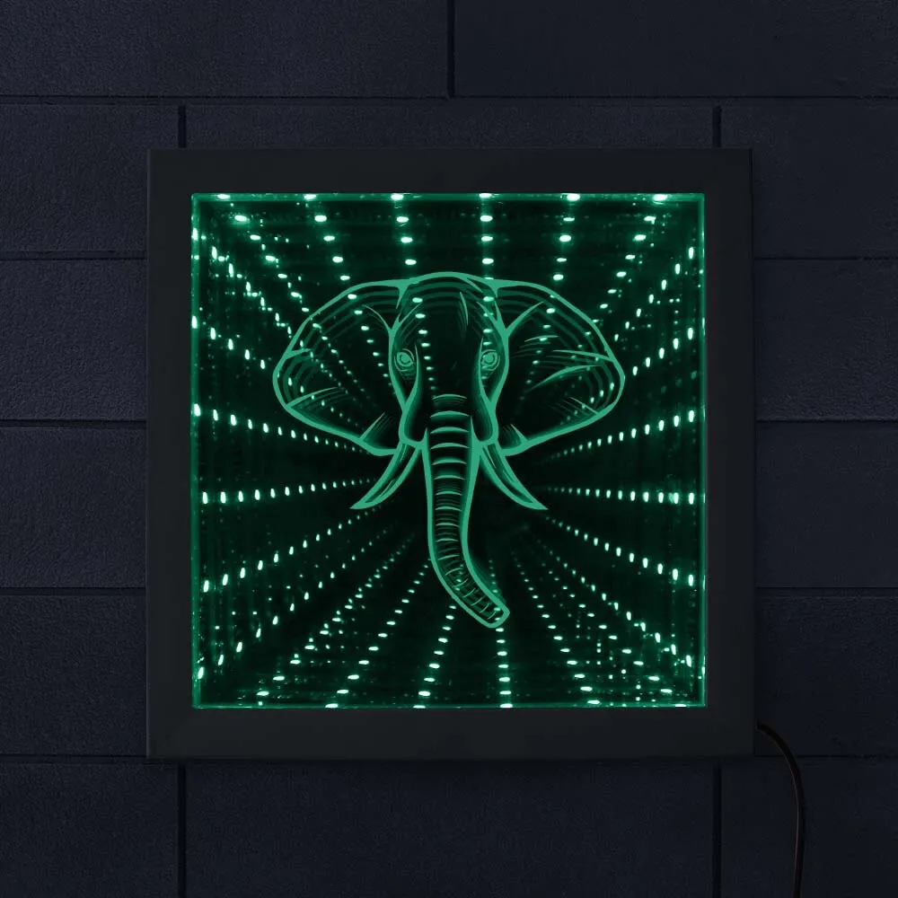 Elephant Lighting Wall Art LED Infinity Mirror Wood Frame Wildlife Animal Safari Wall Decor Vortex Tunnel Interstellar Mirror