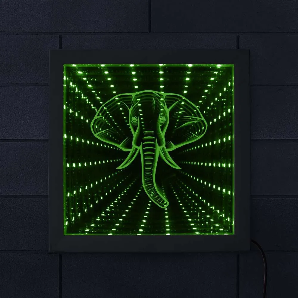 Elephant Lighting Wall Art LED Infinity Mirror Wood Frame Wildlife Animal Safari Wall Decor Vortex Tunnel Interstellar Mirror