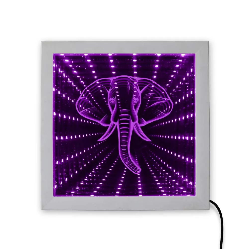 Elephant Lighting Wall Art LED Infinity Mirror Wood Frame Wildlife Animal Safari Wall Decor Vortex Tunnel Interstellar Mirror