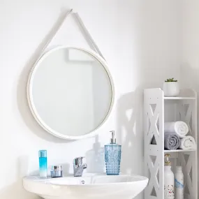 Faux Leather Strap Round Hanging Mirror, White