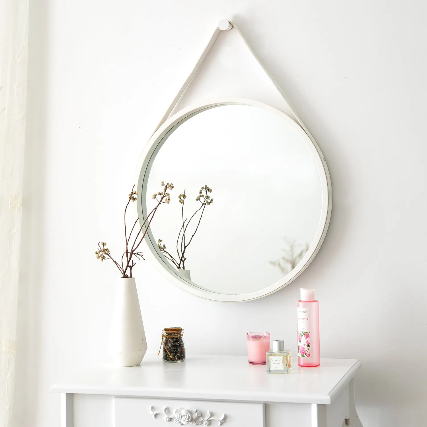 Faux Leather Strap Round Hanging Mirror, White
