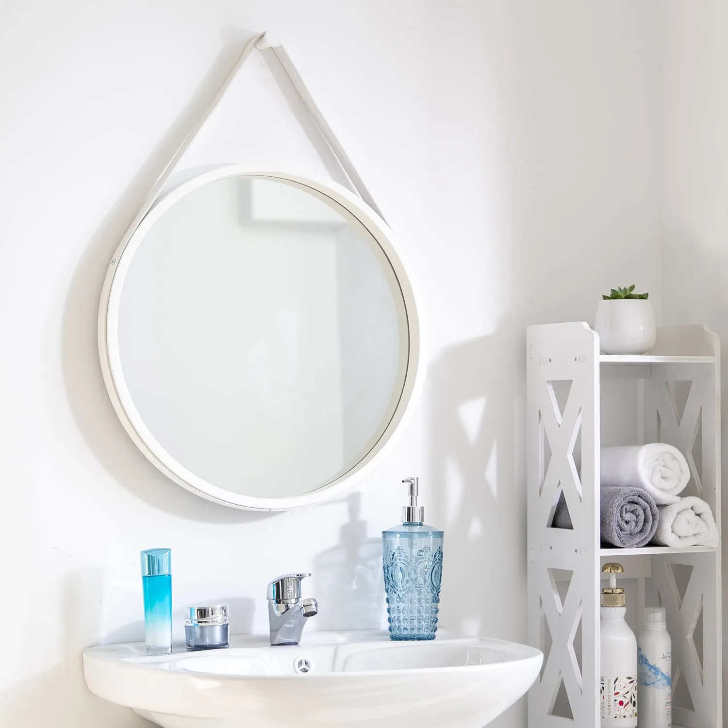 Faux Leather Strap Round Hanging Mirror, White