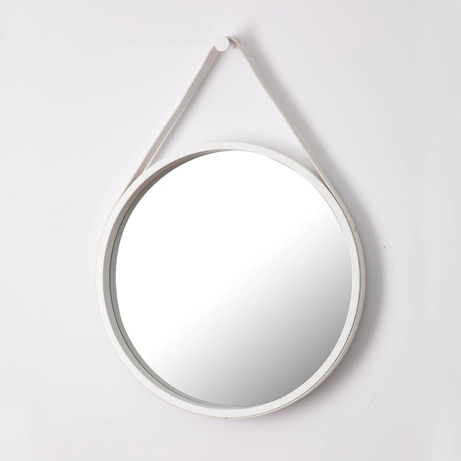 Faux Leather Strap Round Hanging Mirror, White