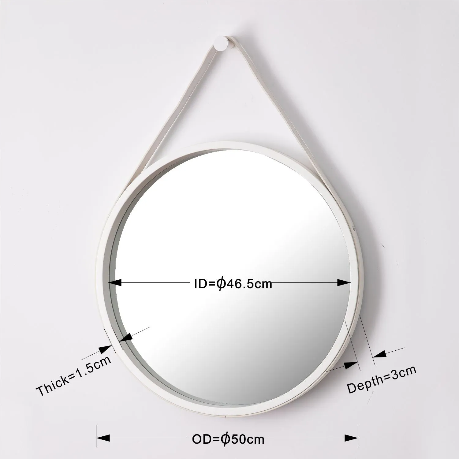 Faux Leather Strap Round Hanging Mirror, White