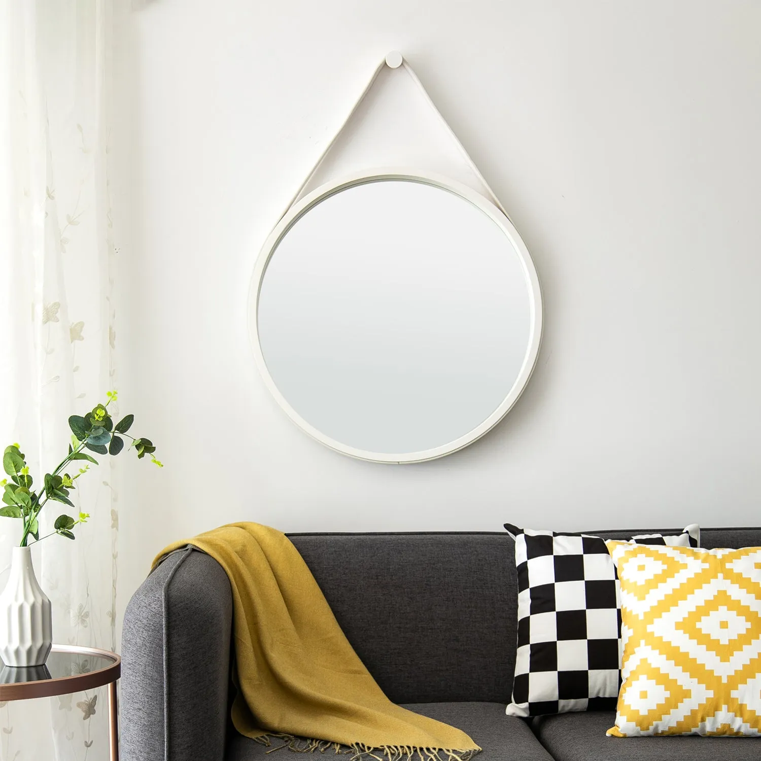 Faux Leather Strap Round Hanging Mirror, White
