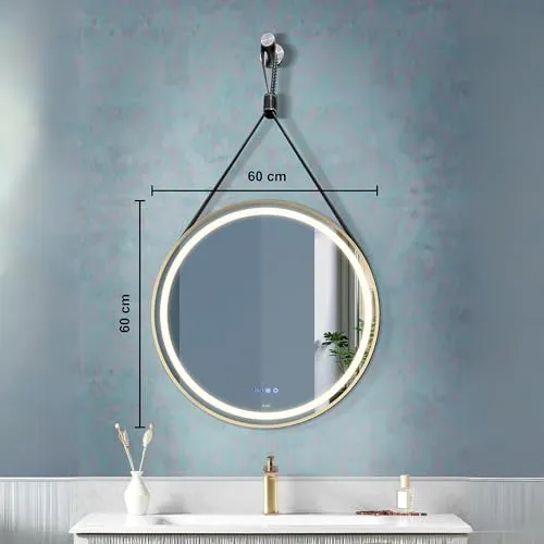 Fuao Premium HD Smart Mirror for Walls with Anti-Fog Function, Time-Temperature Display and Adjustable Brightness 3-Tone LED Lighting| 100% Silver Coating, Anodized Aluminium Frame Strap-Gold-60CM