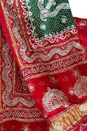 Green And Red Bandhani Gota Work Pure Gajji Silk Dupatta