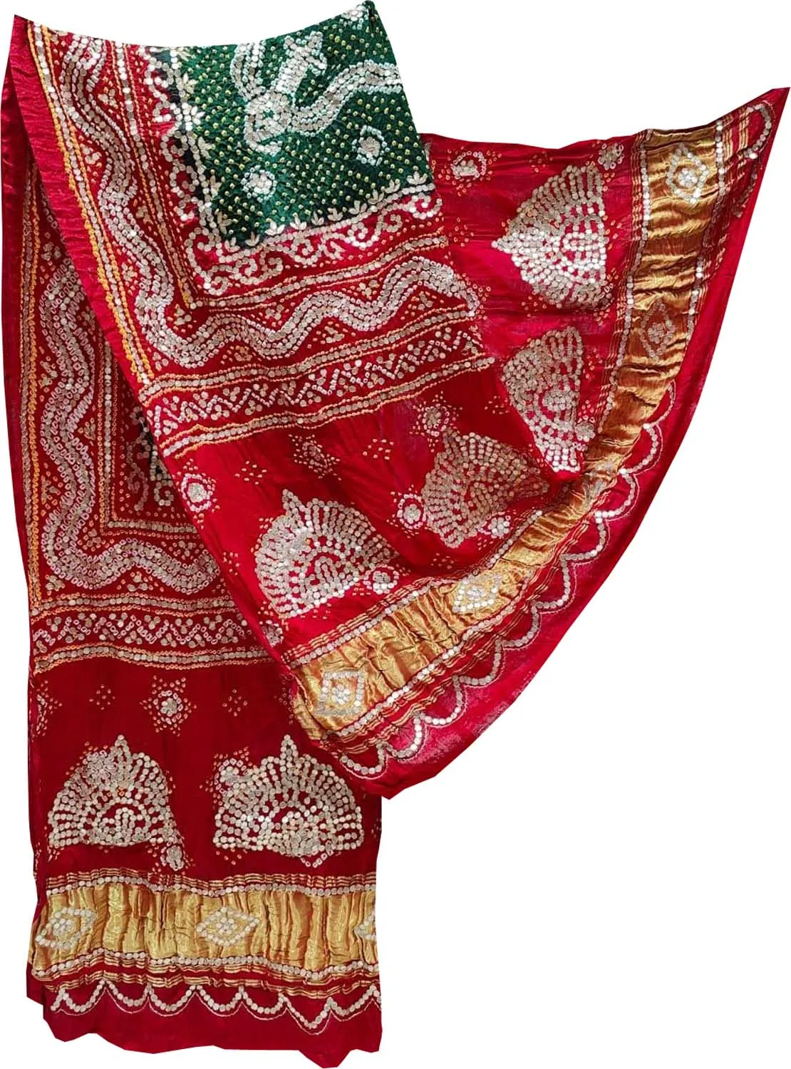 Green And Red Bandhani Gota Work Pure Gajji Silk Dupatta
