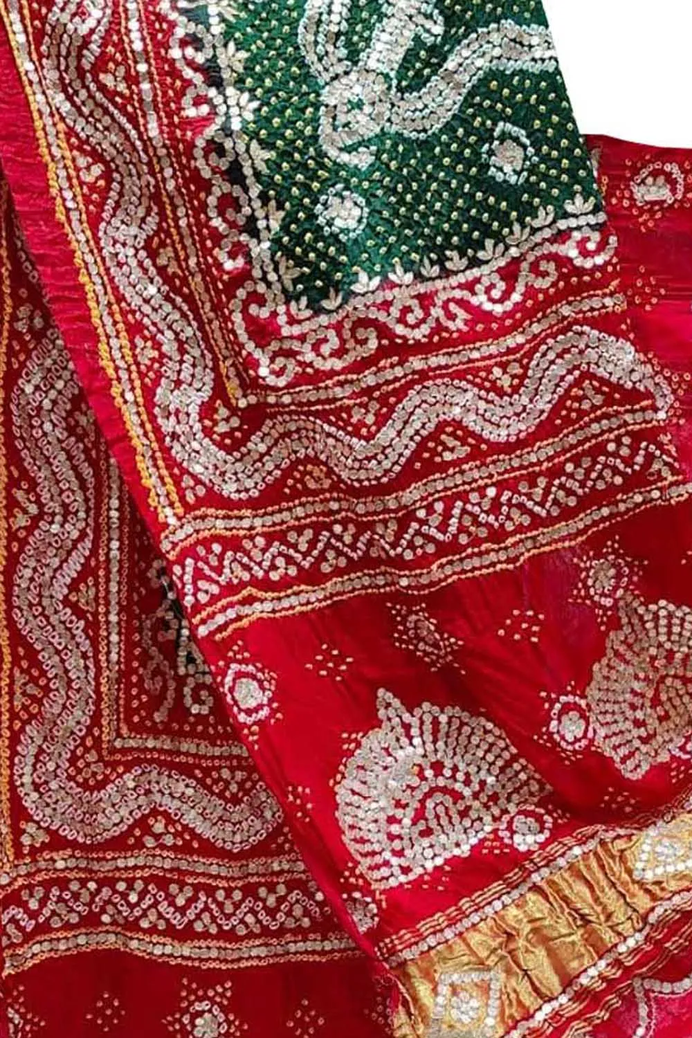 Green And Red Bandhani Gota Work Pure Gajji Silk Dupatta