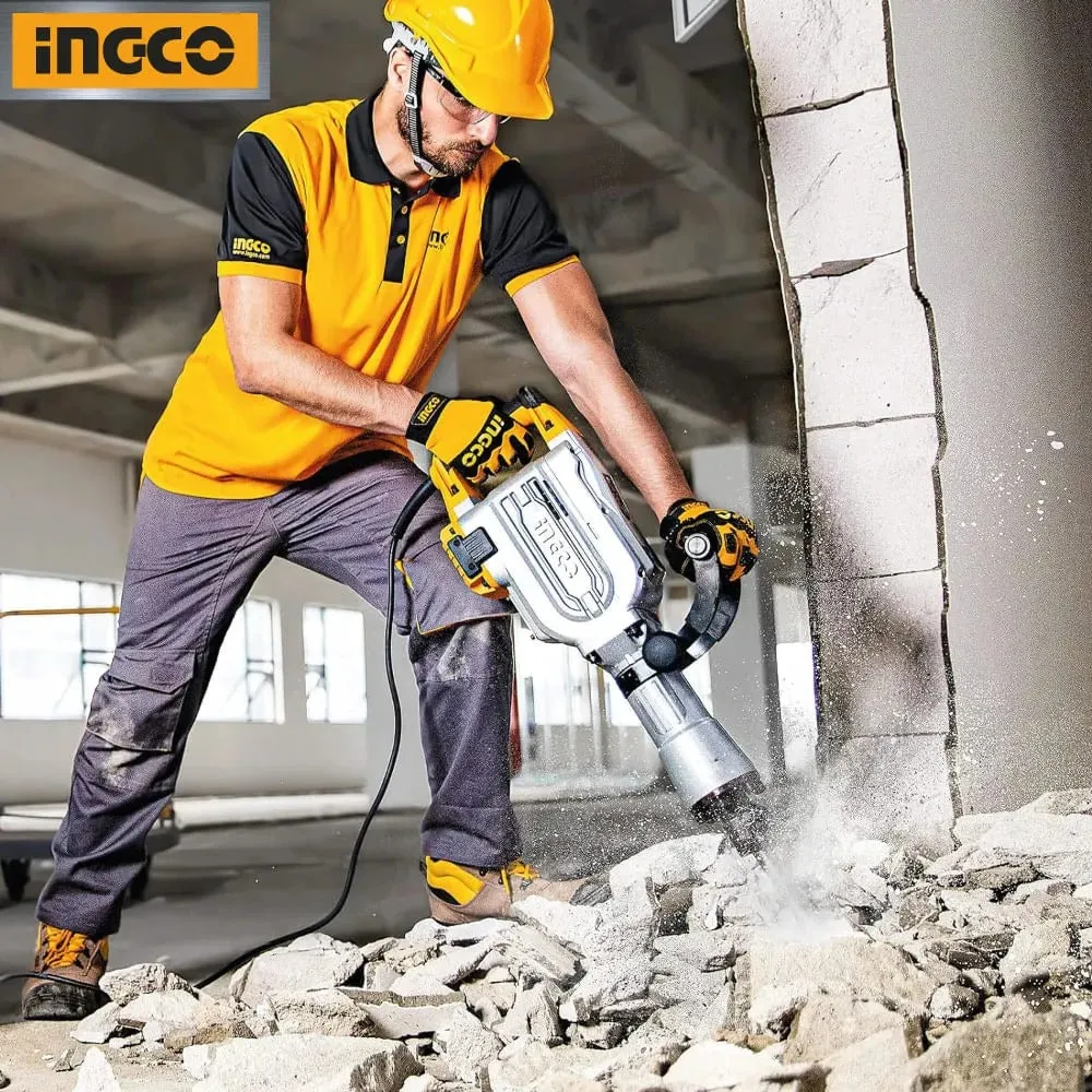 INGCO 1700W 16KG Electric Demolition Breaker PDB17008 with 2 pcs chisel HEX cuck system Impact rate:1400bmp Impact force:45J heavy duty industrial use