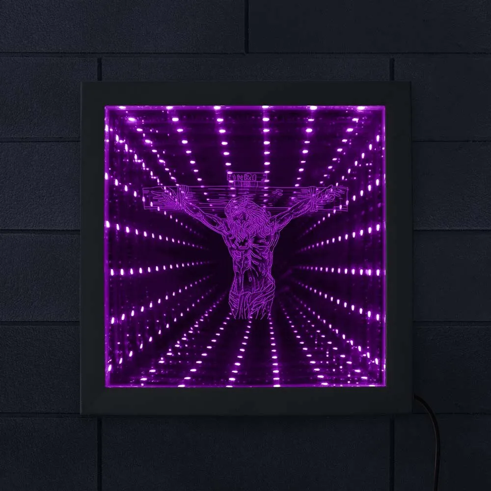 Jesus On Cross LED Lighting Infinity Mirror Tunnel Vision Wood Frame Christ Lighted Mirrors Religious Home Decor Christian Gift