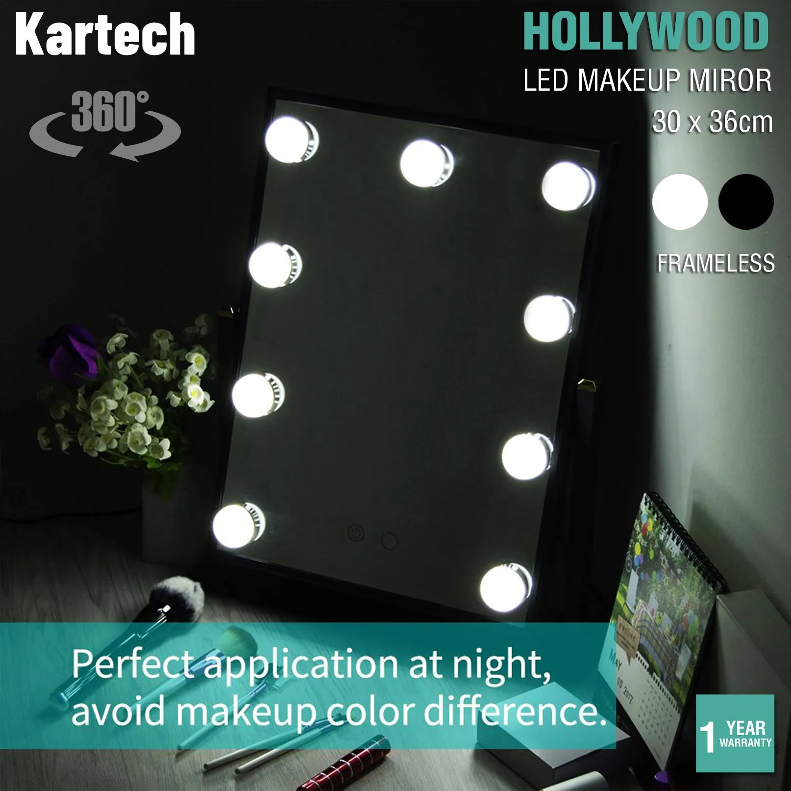 Kartech Hollywood Makeup Mirror With Light LED Bulbs Vanity Beauty Frameless 360