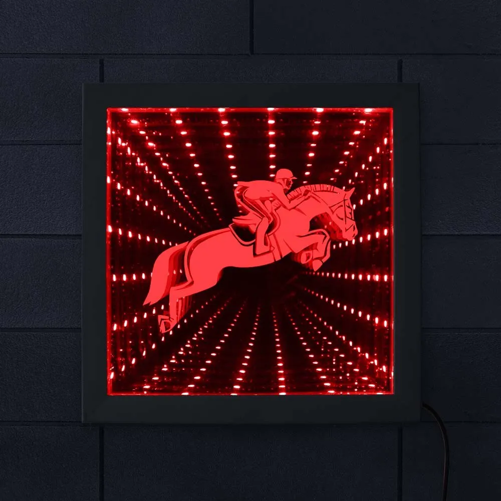Kentucky Derby Equestrian LED Lighing Infinity Mirror Tunnel Vision Wood Frame Horse Rider Mesmerizing Tunnel of Mirror Light
