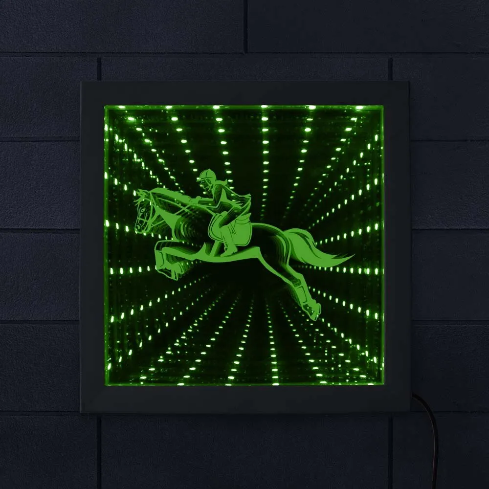Kentucky Derby Equestrian LED Lighing Infinity Mirror Tunnel Vision Wood Frame Horse Rider Mesmerizing Tunnel of Mirror Light