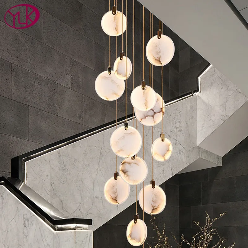 luxury marble led chandelier for staircase large lobby hallway light fixture modern home decor long gold led stone lamp