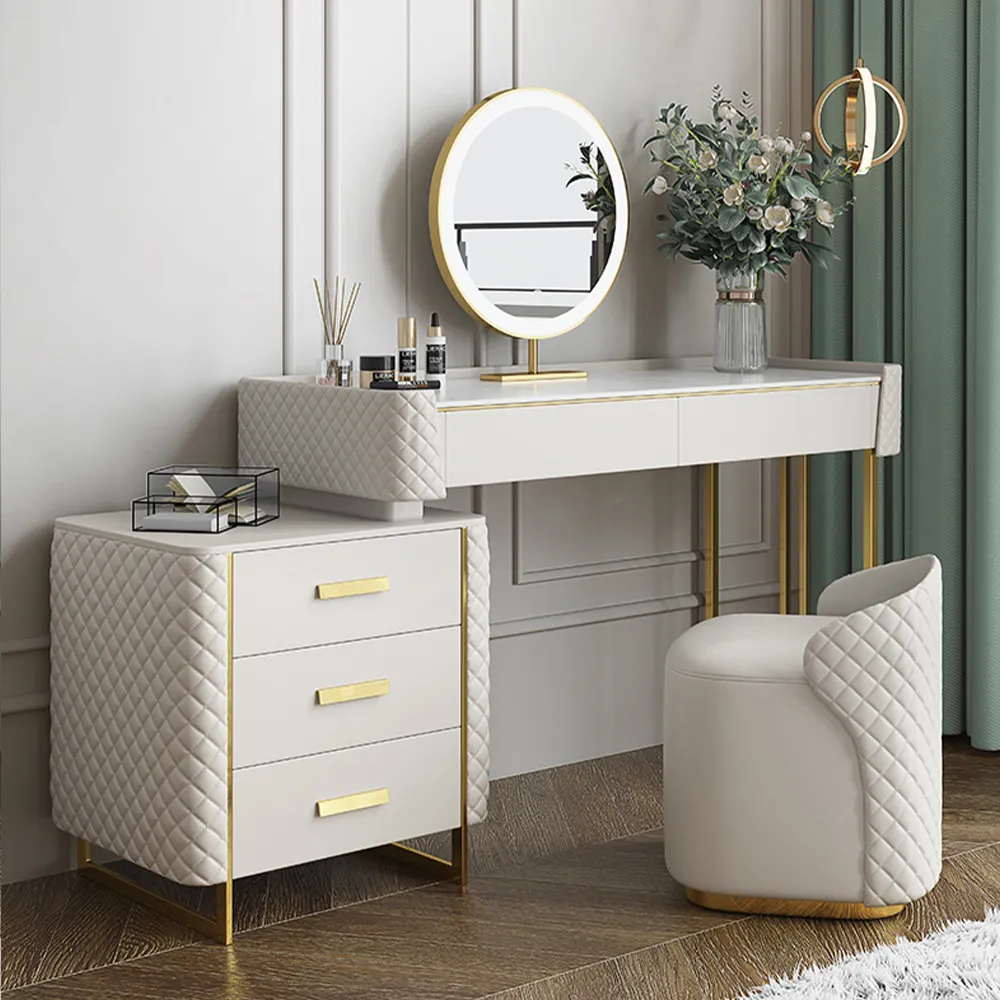 Makeup Vanity Set with LED Lighted Mirror, 5 Drawers,Modern Dressing Table Sintered Stone, Stool, For Bedroom, 47.24'', White