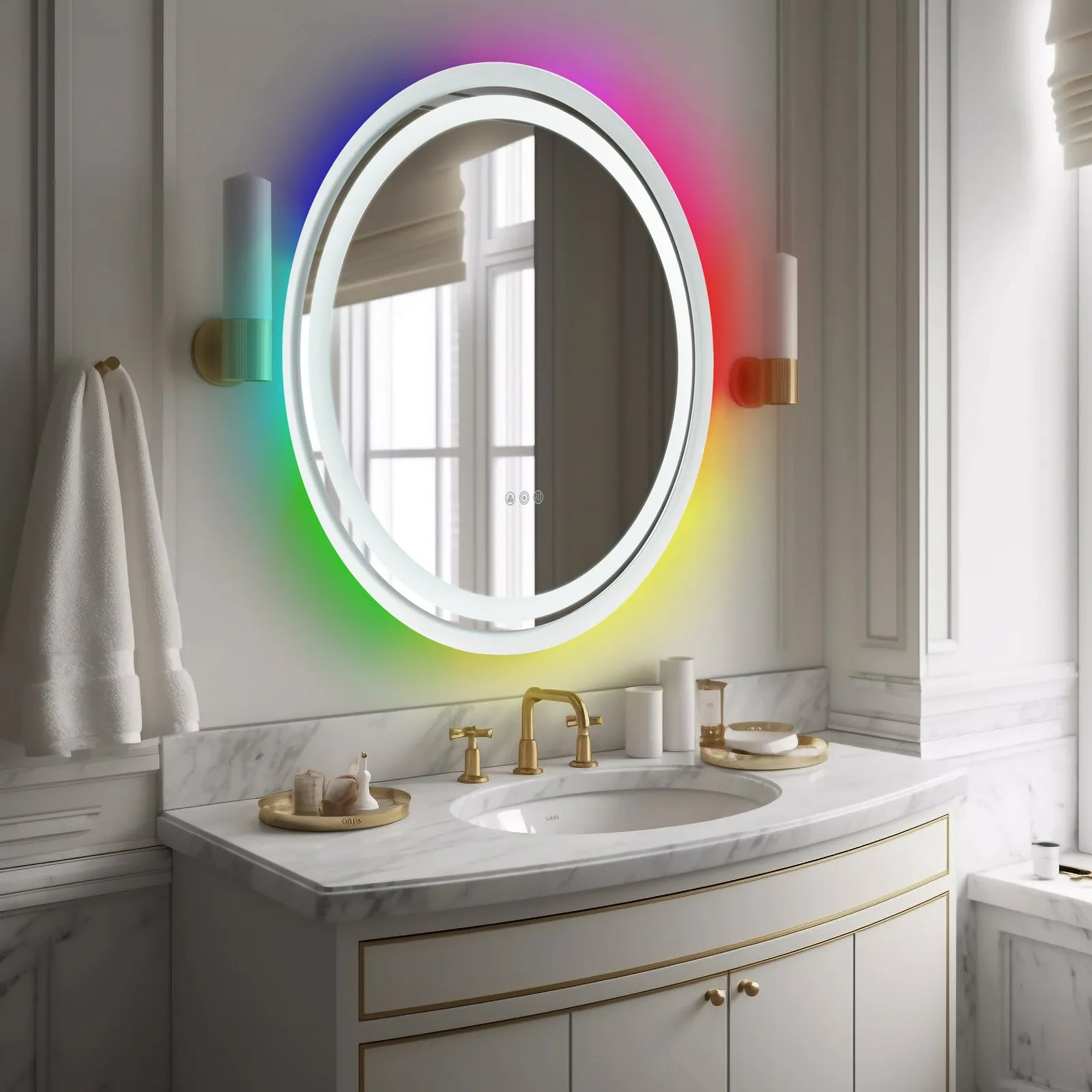 MOON MIRROR Round LED Bathroom Vanity Mirror with Lights,White Framed, Dual Front& Back Lights,Anti-Fog