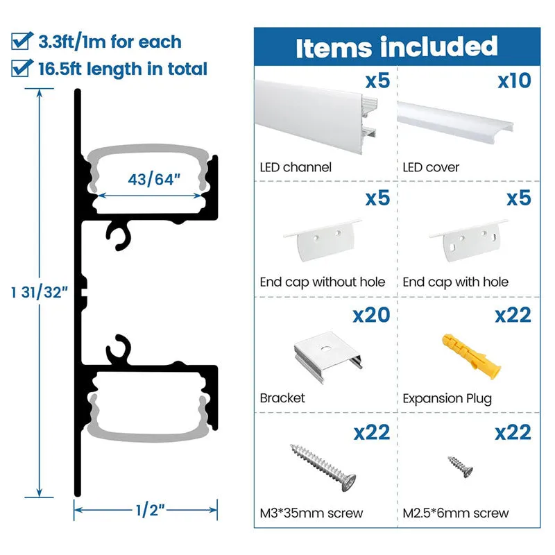 Muzata 5Pack 3.3ft/1Meter Wall Mount LED Light Aluminum Channel Silver with Milky White Cover U124