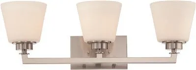 Nuvo Mobili 3-Light Vanity Fixture Brushed Nickel 25 X 7-7/8 Inch  Uses (3) 100-Watt Incandescent Medium Base Lamps