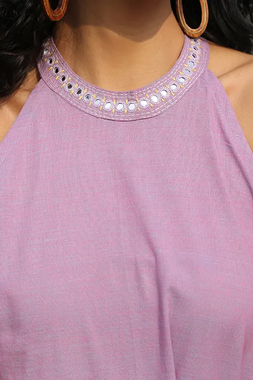 Okhai 'Lavender Pearl' Mirror Work Halter Neck Dress