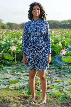 Okhai "Blue Monsoon" Hand Embroidered Mirror Work Handblock Printed Pure Cotton Shirt Dress