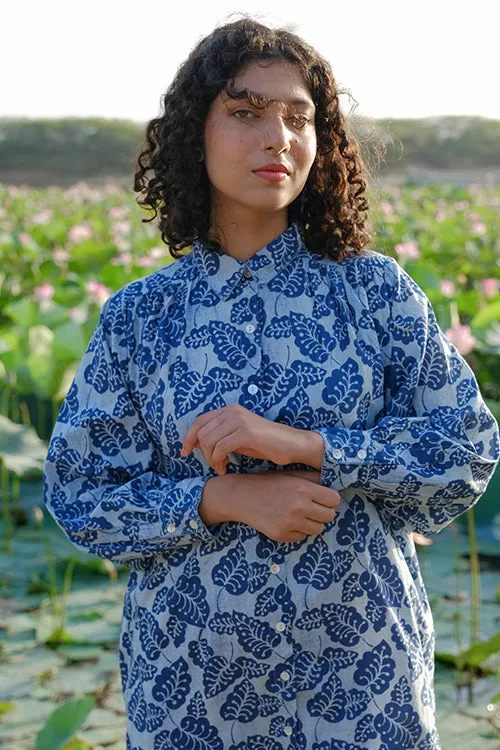 Okhai "Blue Monsoon" Hand Embroidered Mirror Work Handblock Printed Pure Cotton Shirt Dress
