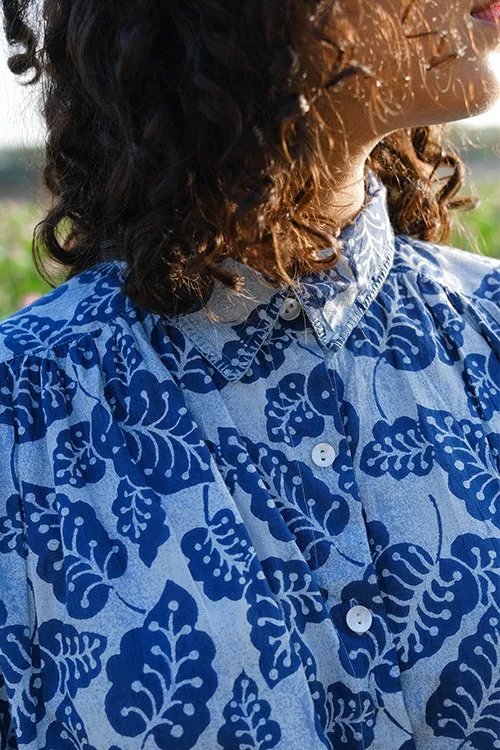 Okhai "Blue Monsoon" Hand Embroidered Mirror Work Handblock Printed Pure Cotton Shirt Dress