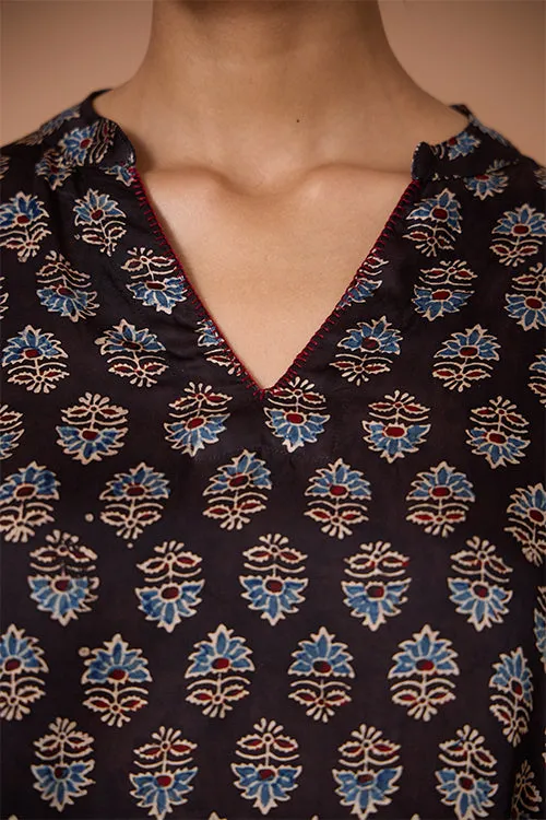 Okhai "Sapphire Hymns" Hand Embroidered MIrrorwork Handblock Printed Modal Ajrakh Kaftaan