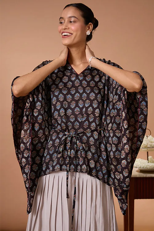 Okhai "Sapphire Hymns" Hand Embroidered MIrrorwork Handblock Printed Modal Ajrakh Kaftaan