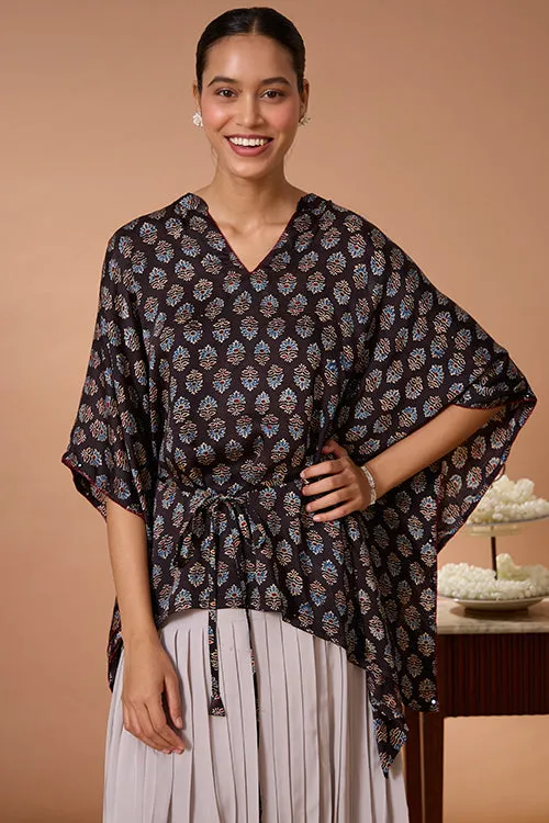 Okhai "Sapphire Hymns" Hand Embroidered MIrrorwork Handblock Printed Modal Ajrakh Kaftaan